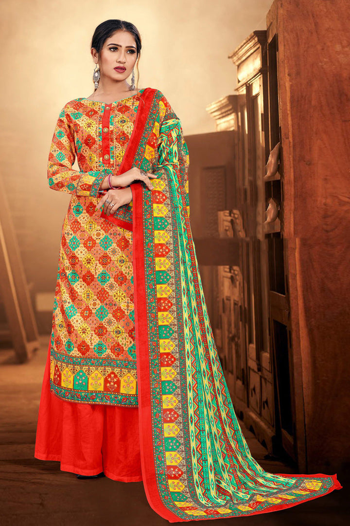 Red Color Cotton Fabric Alluring Casual Look Palazzo Suit