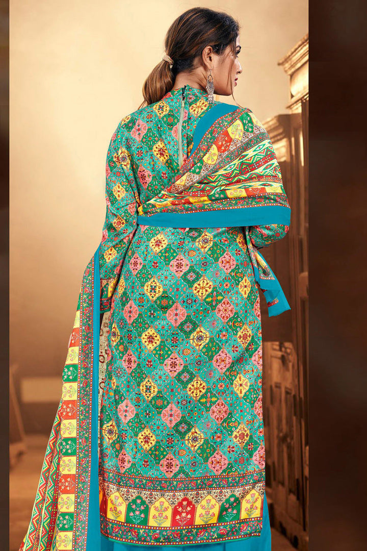 Sky Blue Color Cotton Fabric Adorming Casual Look Palazzo Suit