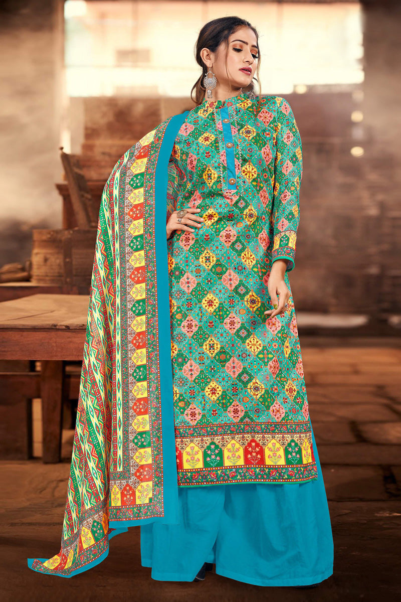 Sky Blue Color Cotton Fabric Adorming Casual Look Palazzo Suit