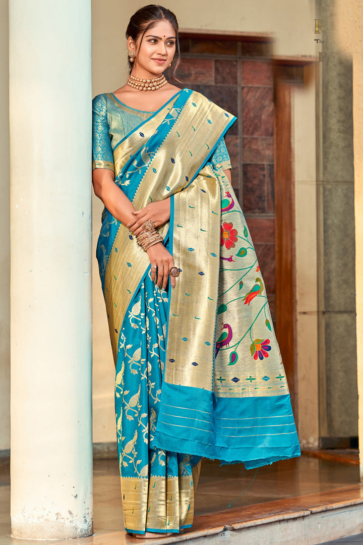 Mesmeric Sky Blue Color Weaving Work On Saree In Art Silk Fabric