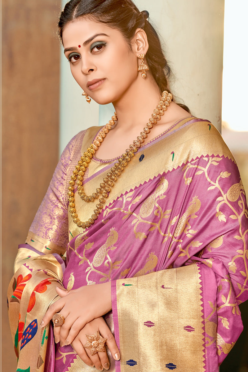 Radiant Weaving Work On Pink Color Art Silk Fabric Saree