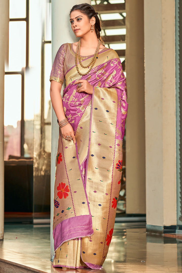 Radiant Weaving Work On Pink Color Art Silk Fabric Saree