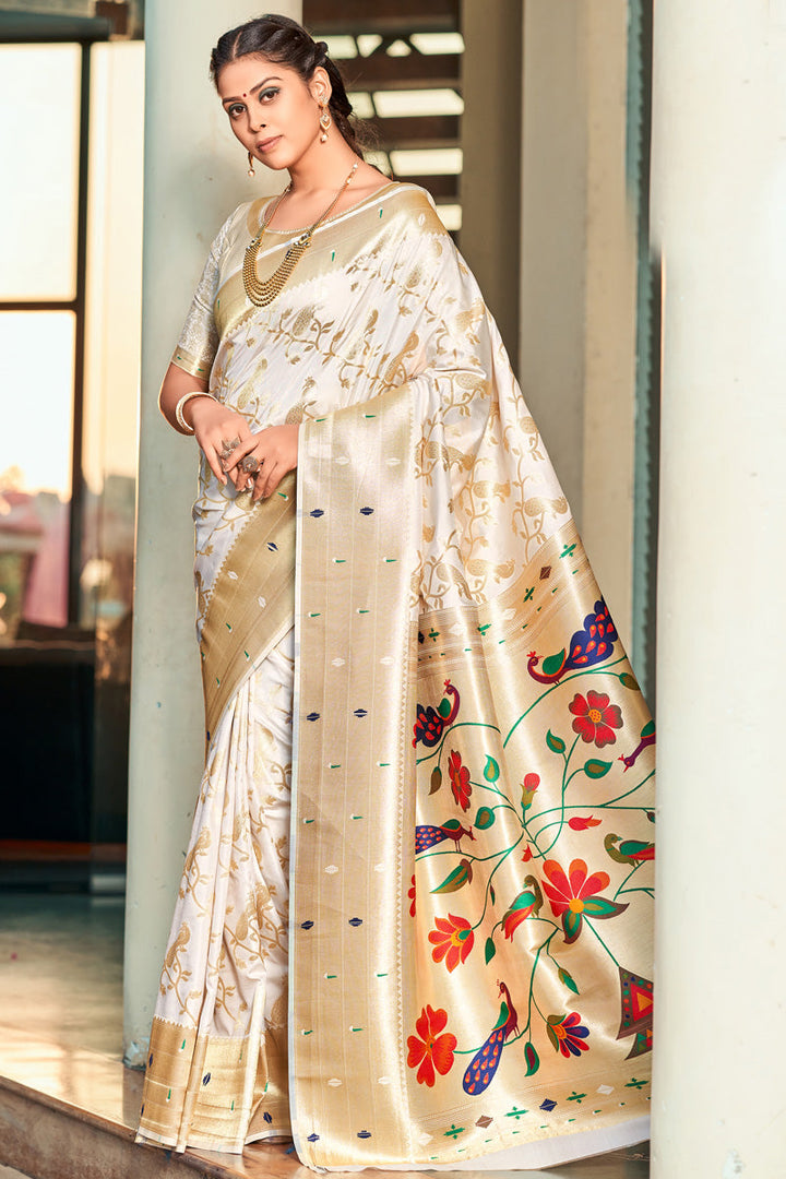 Excellent Art Silk Fabric Off White Color Saree With Weaving Work
