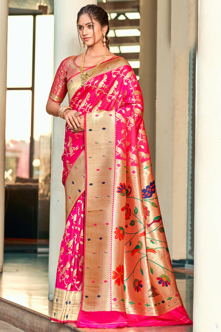 Pink Color Weaving Work Art Silk Fabric Beatific Saree