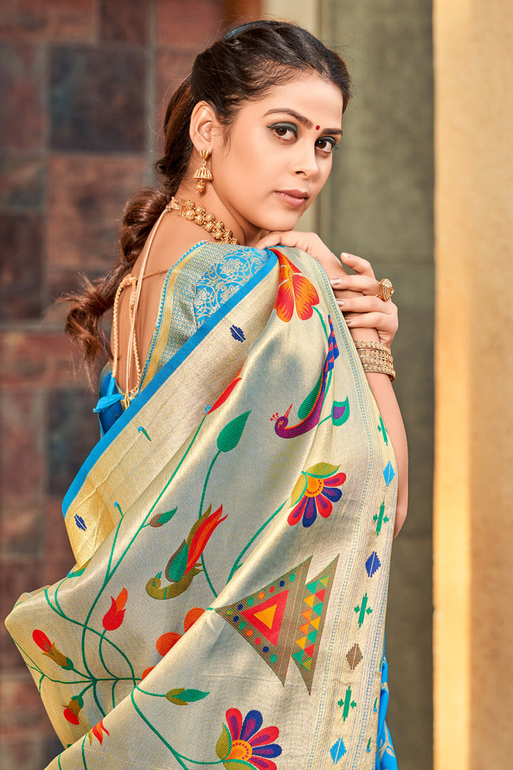 Entrancing Art Silk Fabric Weaving Work Saree In Cyan Color