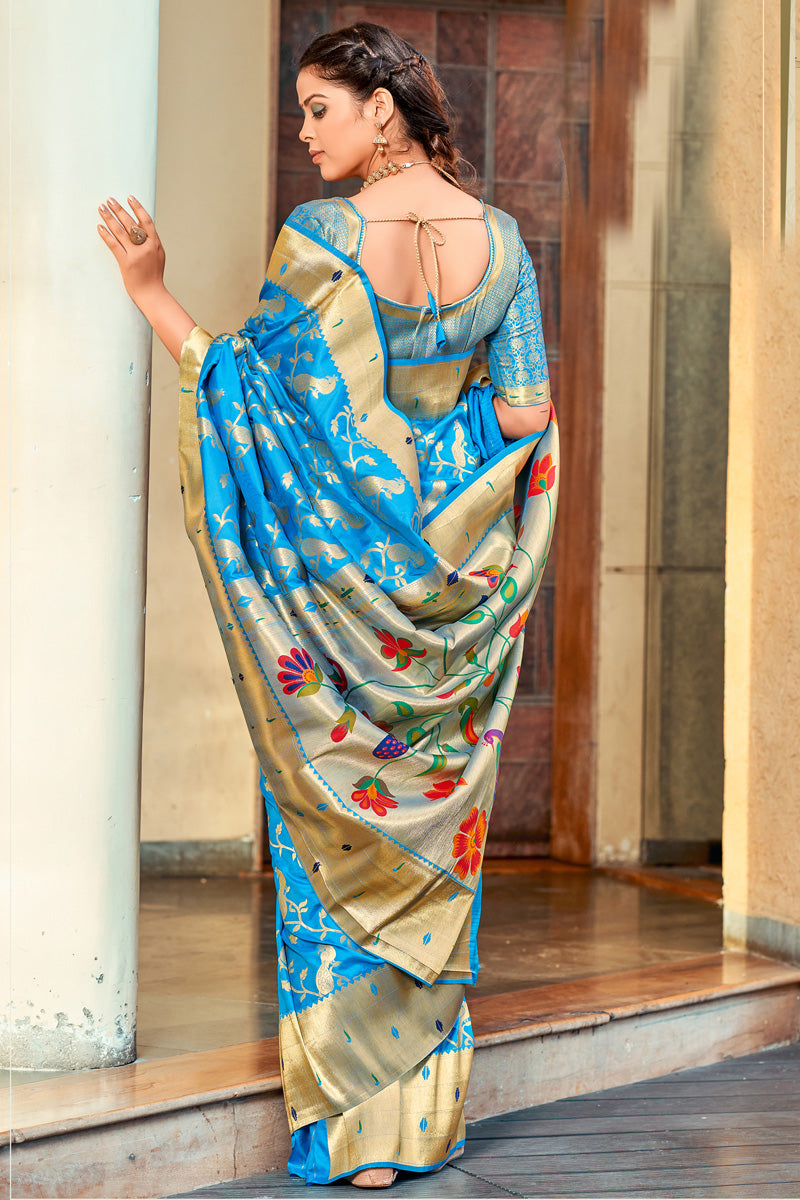 Entrancing Art Silk Fabric Weaving Work Saree In Cyan Color
