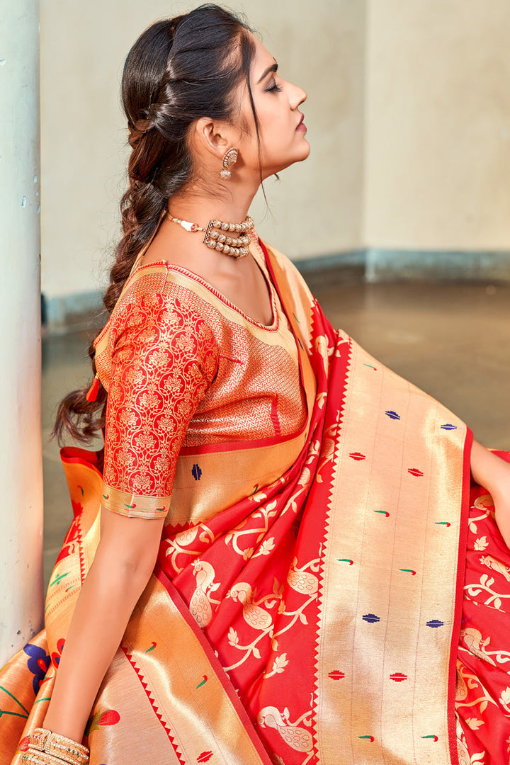 Charming Red Color Art Silk Fabric Saree With Weaving Work