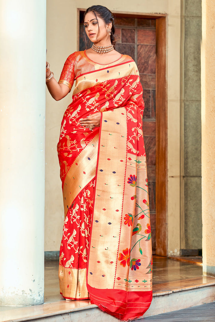 Charming Red Color Art Silk Fabric Saree With Weaving Work