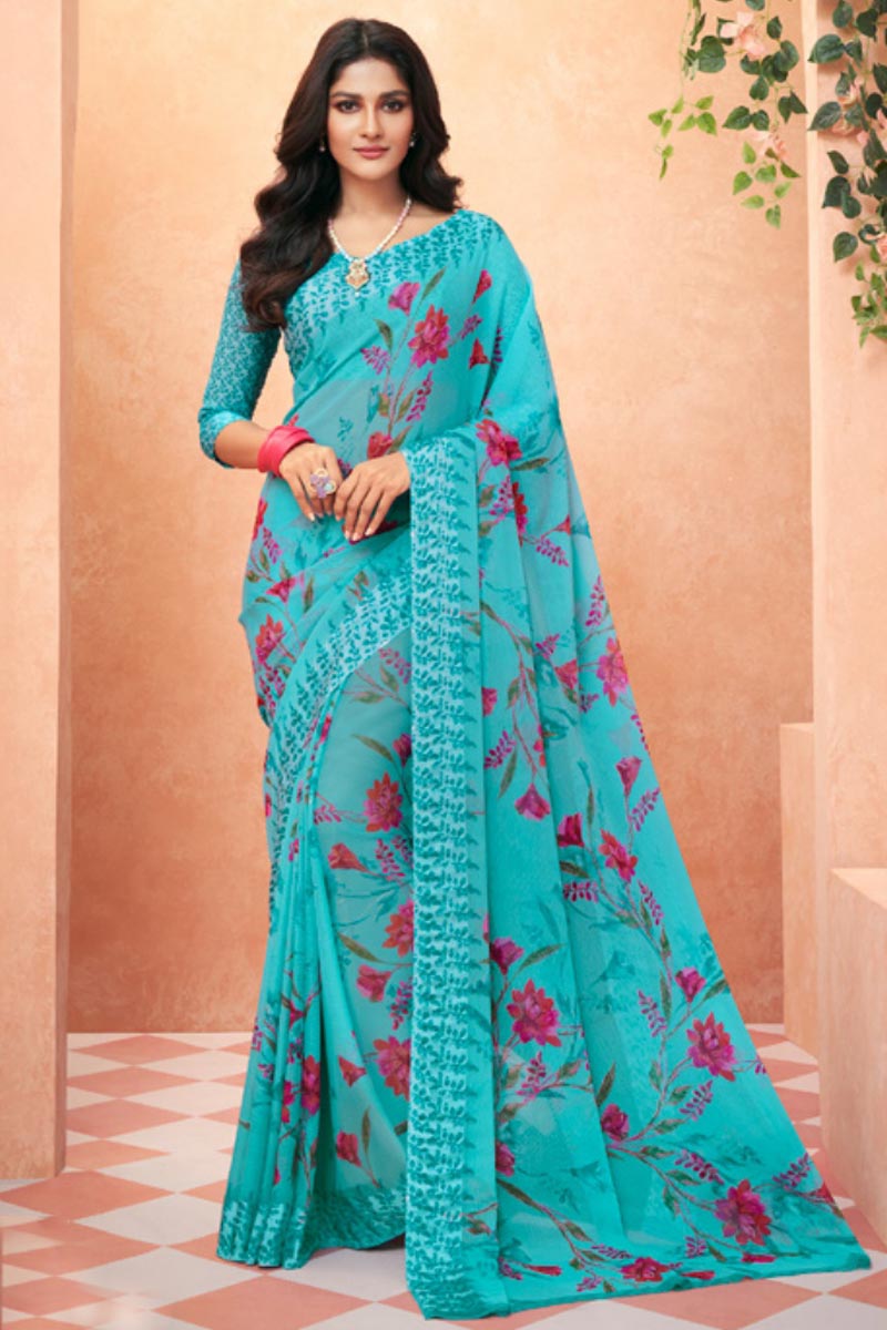 Chiffon Fabric Fancy Cyan Color Regular Wear Floral Printed Saree