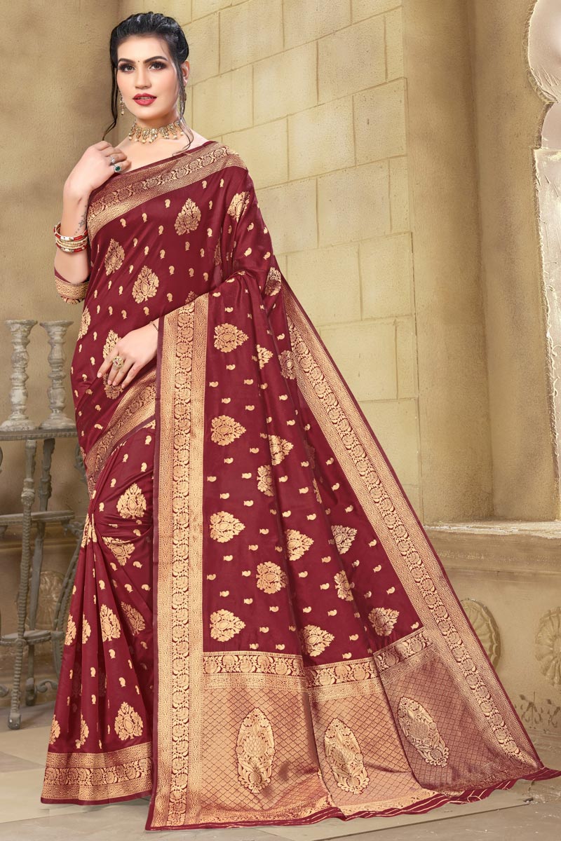 Maroon Color Cotton Silk Fabric Party Wear Designer Weaving Work Saree