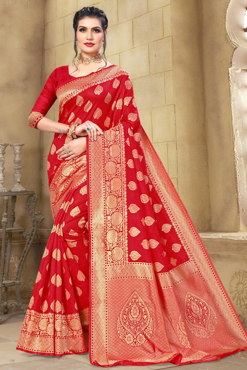 Cotton Silk Fabric Designer Party Wear Weaving Work Saree In Red Color