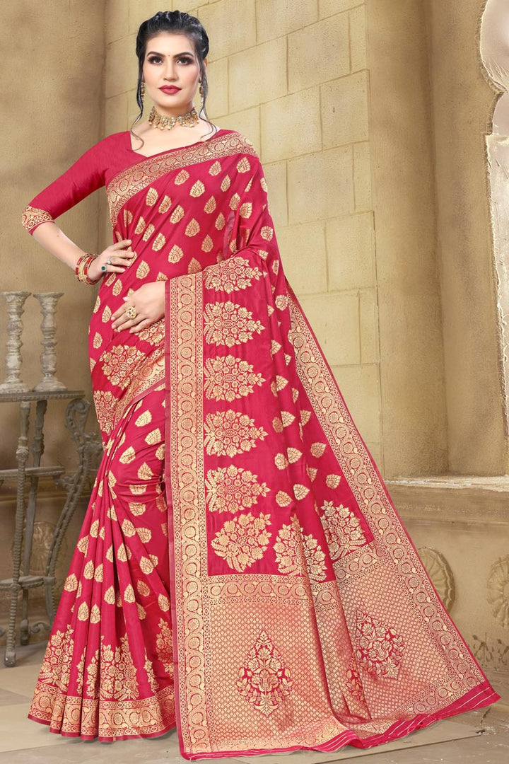 Cotton Silk Fabric Rani Color Weaving Work Saree For Wedding Function