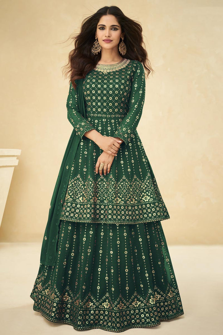 Function Wear Green Color Georgette Fabric Pleasance Sequins Work Readymade Sharara Top Lehenga Featuring Vartika Singh