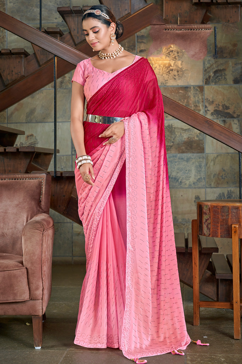 Party Look Art Silk Fabric Luminous Saree In Pink Color