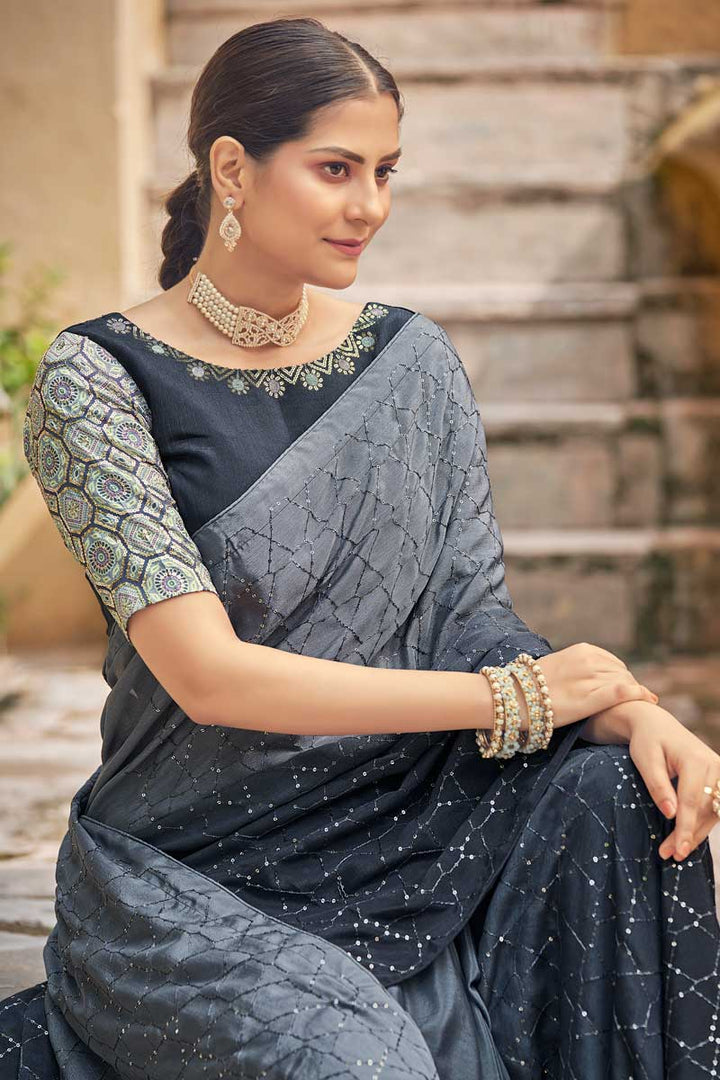 Grey Color Sequins Work Blazing Saree In Chinon Fabric