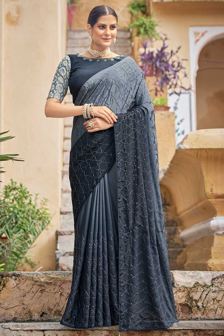 Grey Color Sequins Work Blazing Saree In Chinon Fabric