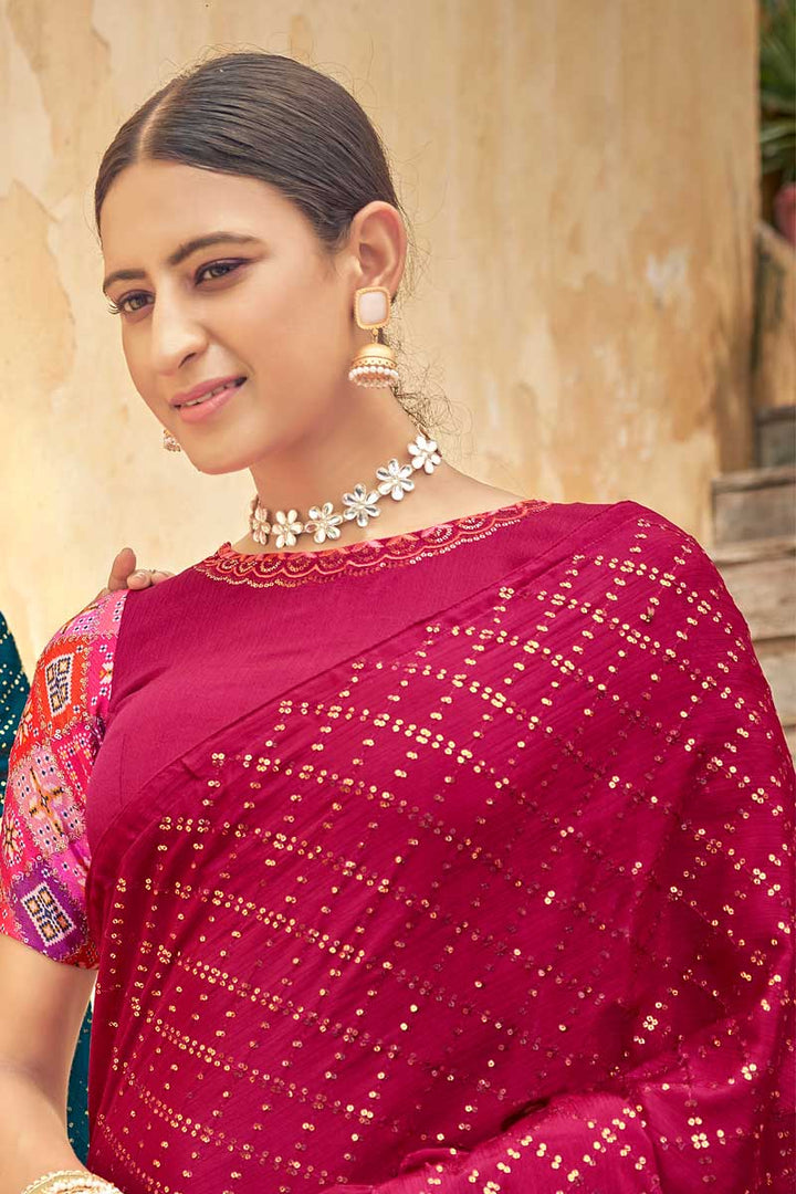 Sequins Work Magenta Color Wonderful Saree In Chinon Fabric