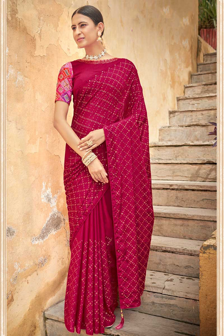 Sequins Work Magenta Color Wonderful Saree In Chinon Fabric