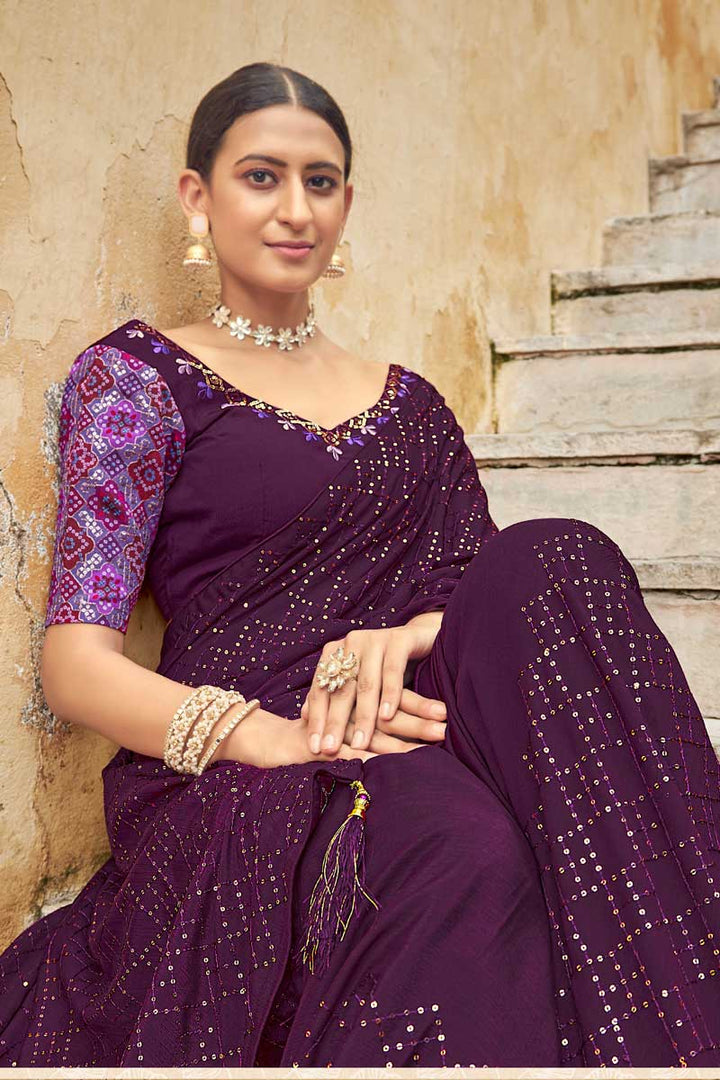 Trendy Sequins Work On Wine Color Chinon Fabric Saree