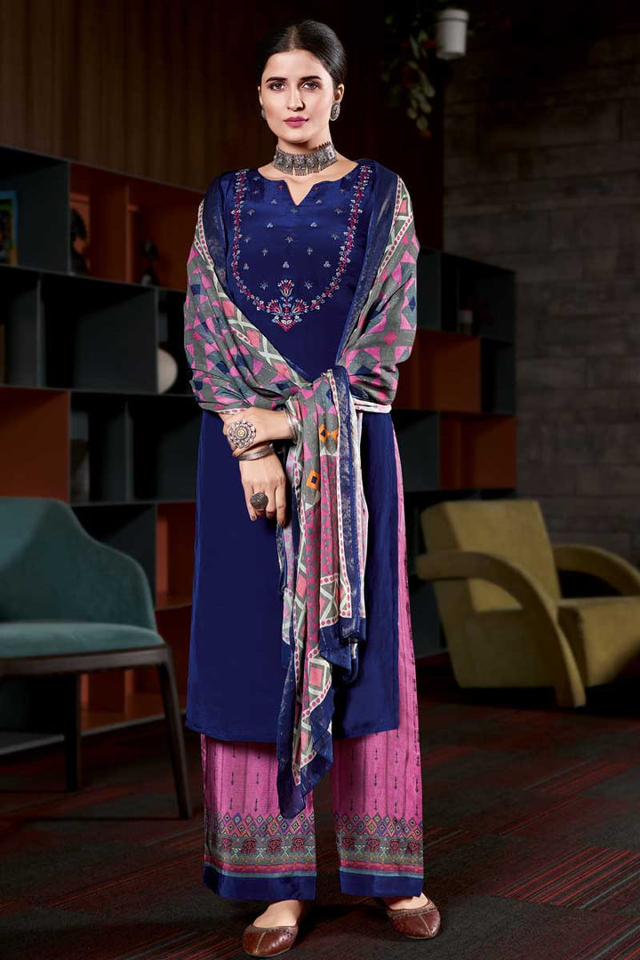 Crepe Fabric Festival Look Beatific Palazzo Suit In Navy Blue Color