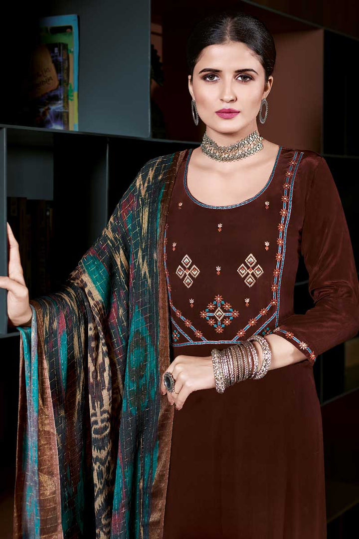 Brown Color Crepe Fabric Adorming Festival Look Palazzo Suit