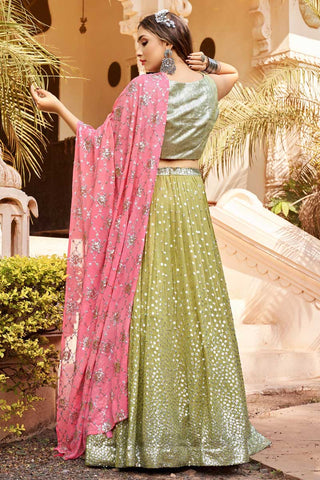 Attractive Look Georgette Fabric Green Color Lehenga