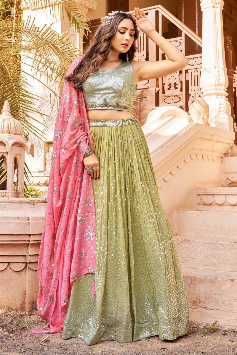 Attractive Look Georgette Fabric Green Color Lehenga