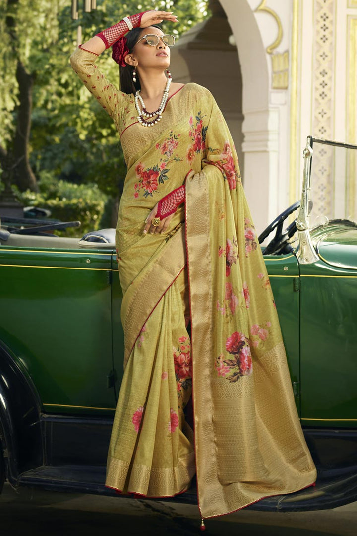 Art Silk Fabric Festive Wear Yellow Color Digital Printed Designer Saree