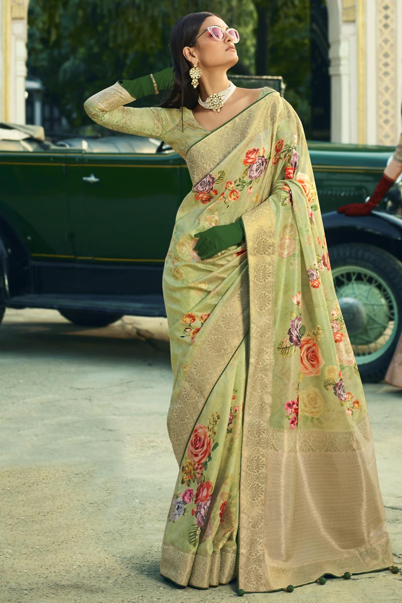 Art Silk Fabric Function Wear Sea Green Digital Printed Designer Saree