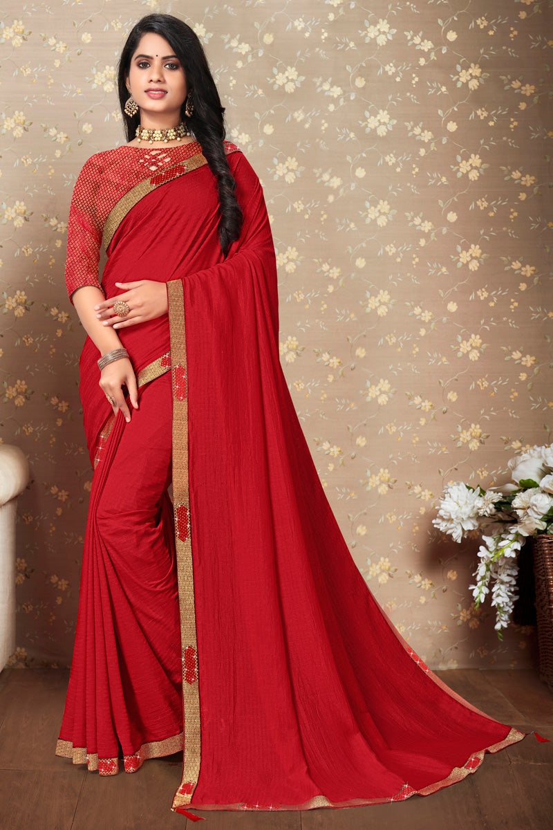 Art Silk Fabric Festival Look Red Color Vintage Saree