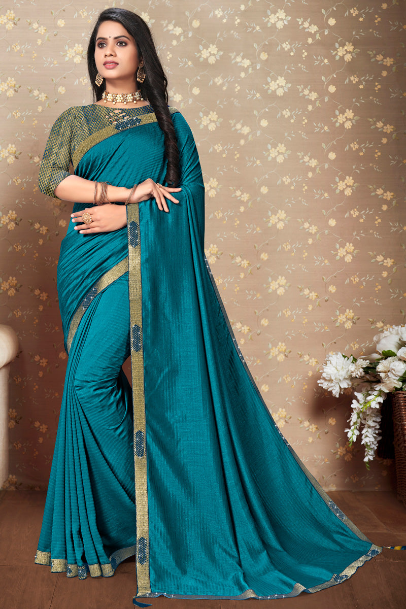 Art Silk Fabric Teal Color Festival Look Fabulous Saree