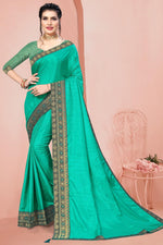 Load image into Gallery viewer, Cyan Color Festive Wear Art Silk Fabric Lace Work Saree
