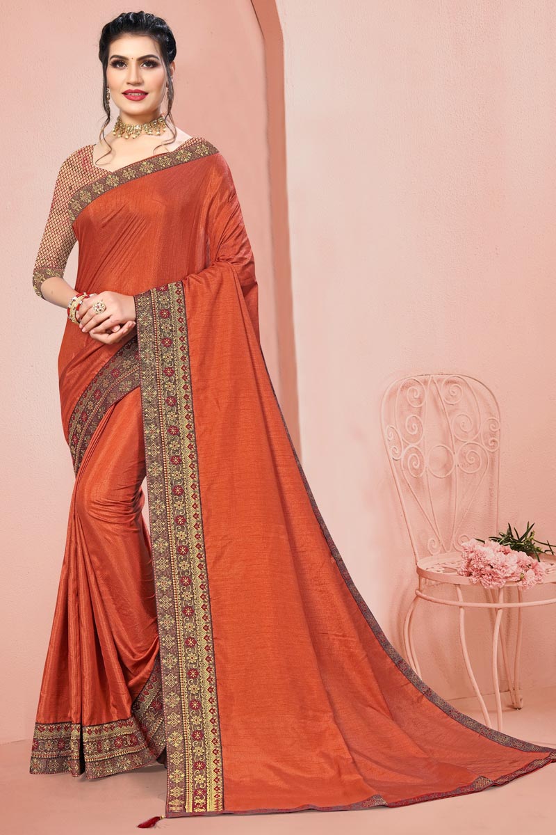 Art Silk Fabric Sangeet Wear Orange Color Lace Work Saree