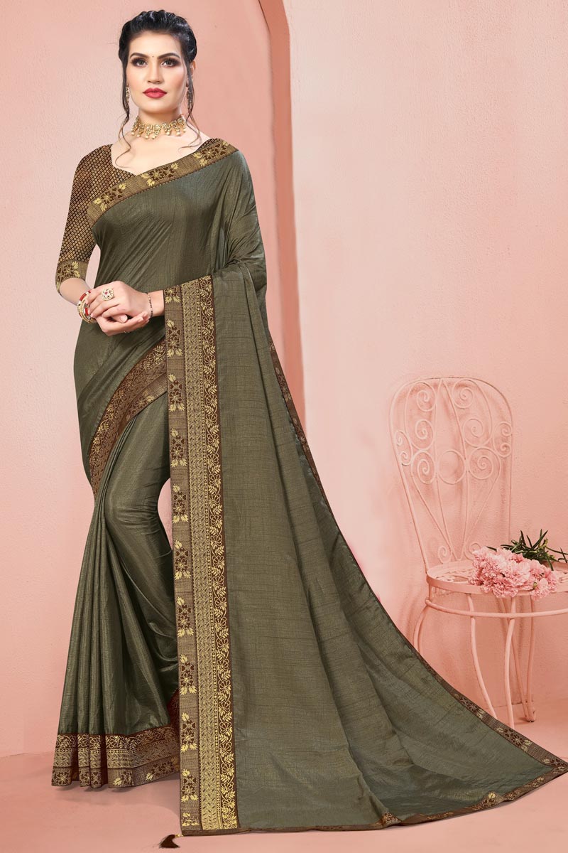 Function Wear Mehendi Green Color Lace Work Saree