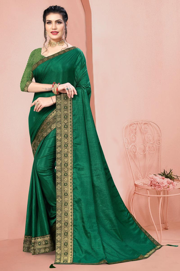 Party Wear Art Silk Fabric Lace Work Saree In Green Color