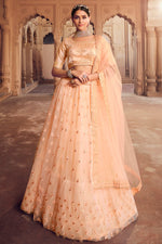 Load image into Gallery viewer, Net Fabric Peach Color Ravishing Embroidered Lehenga
