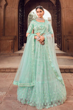 Load image into Gallery viewer, Sea Green Color Embroidered Net Fabric Tempting Lehenga
