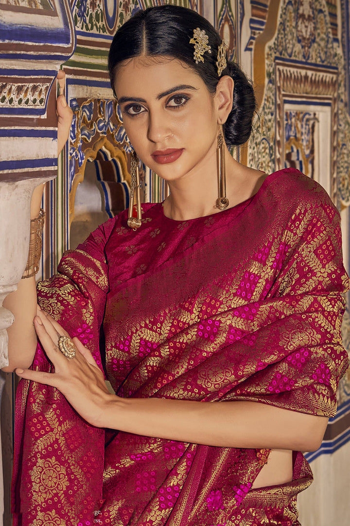 Beguiling Chinon Fabric Bandhani Printed Red Color Saree
