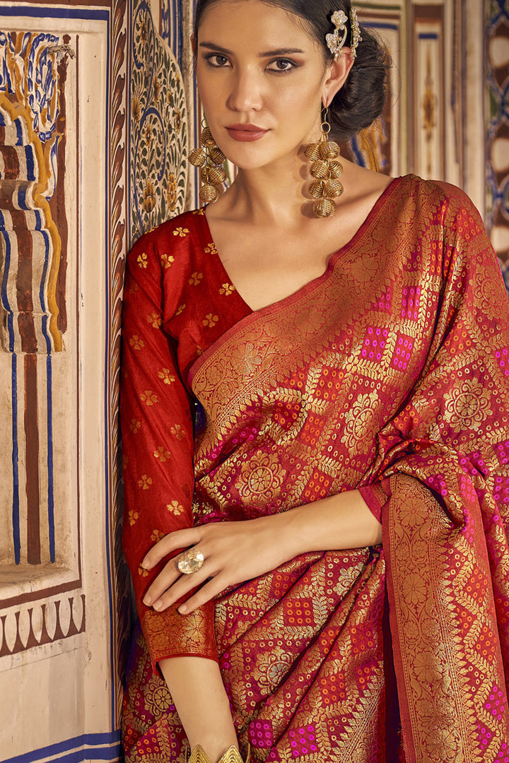 Red Color Appealing Chinon Fabric Bandhani Printed Saree
