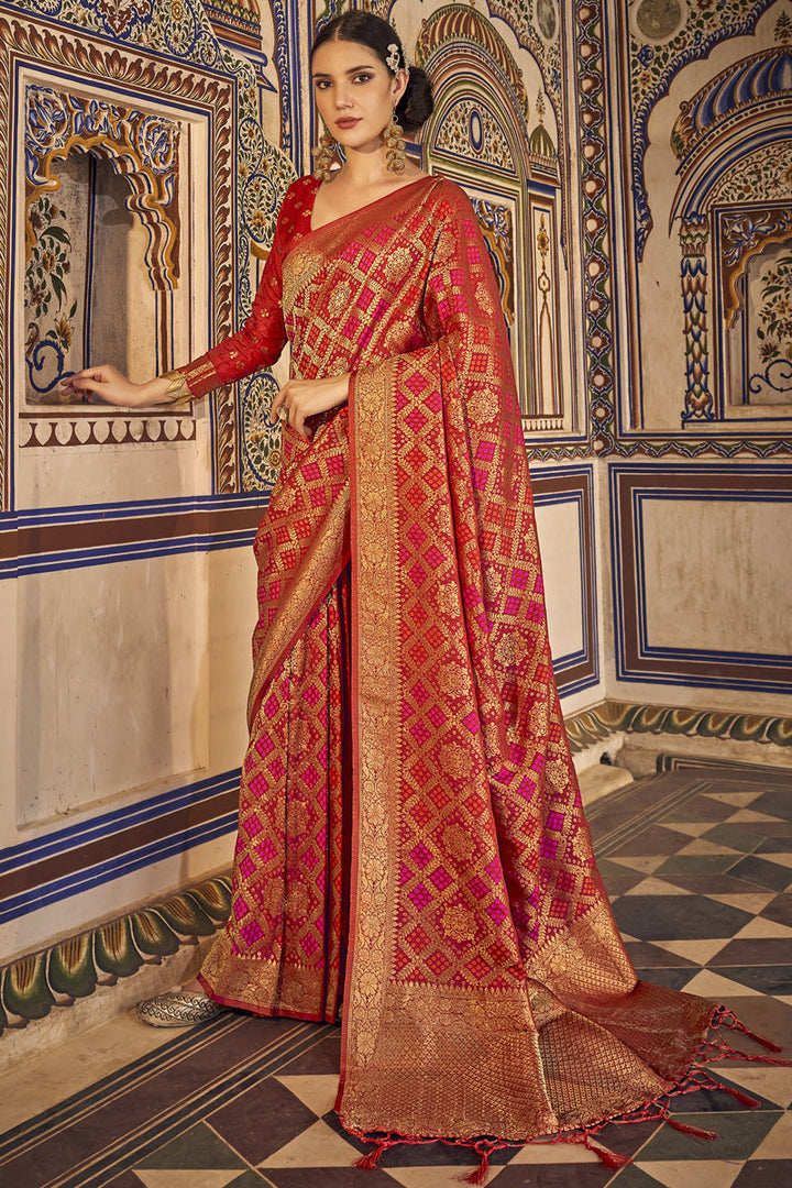Red Color Appealing Chinon Fabric Bandhani Printed Saree