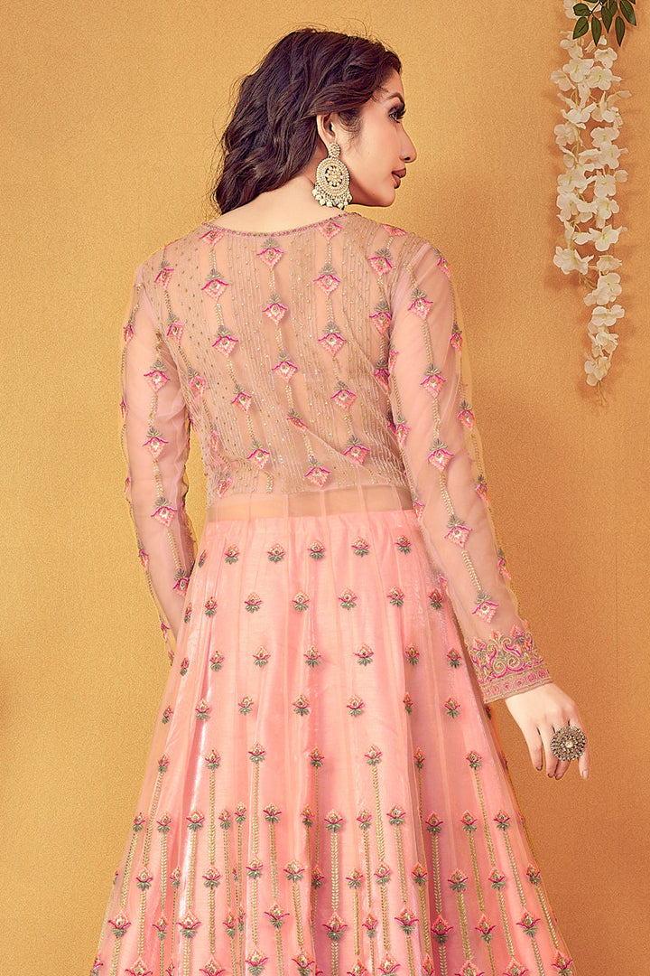 Engaging Peach Color Embroidered Function Wear Net Fabric Anarkali Suit