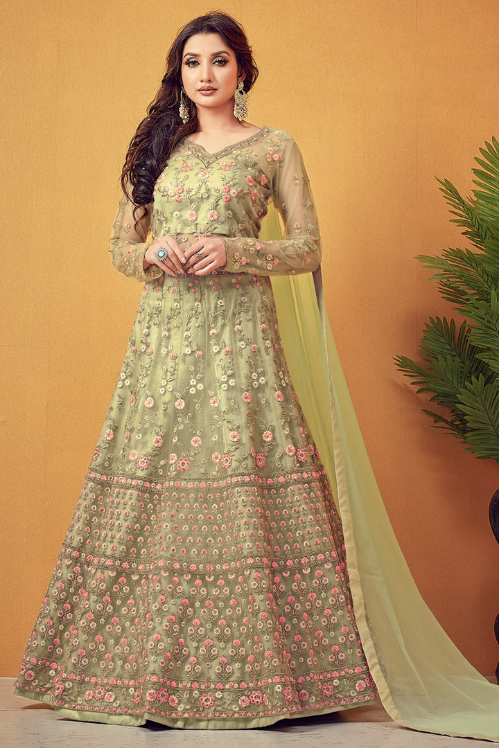 Net Fabric Function Wear Embroidered Sea Green Color Anarkali Suit