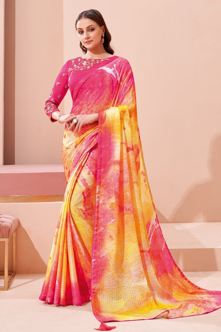 Party Wear Georgette Fabric Printed Saree In Yellow Color