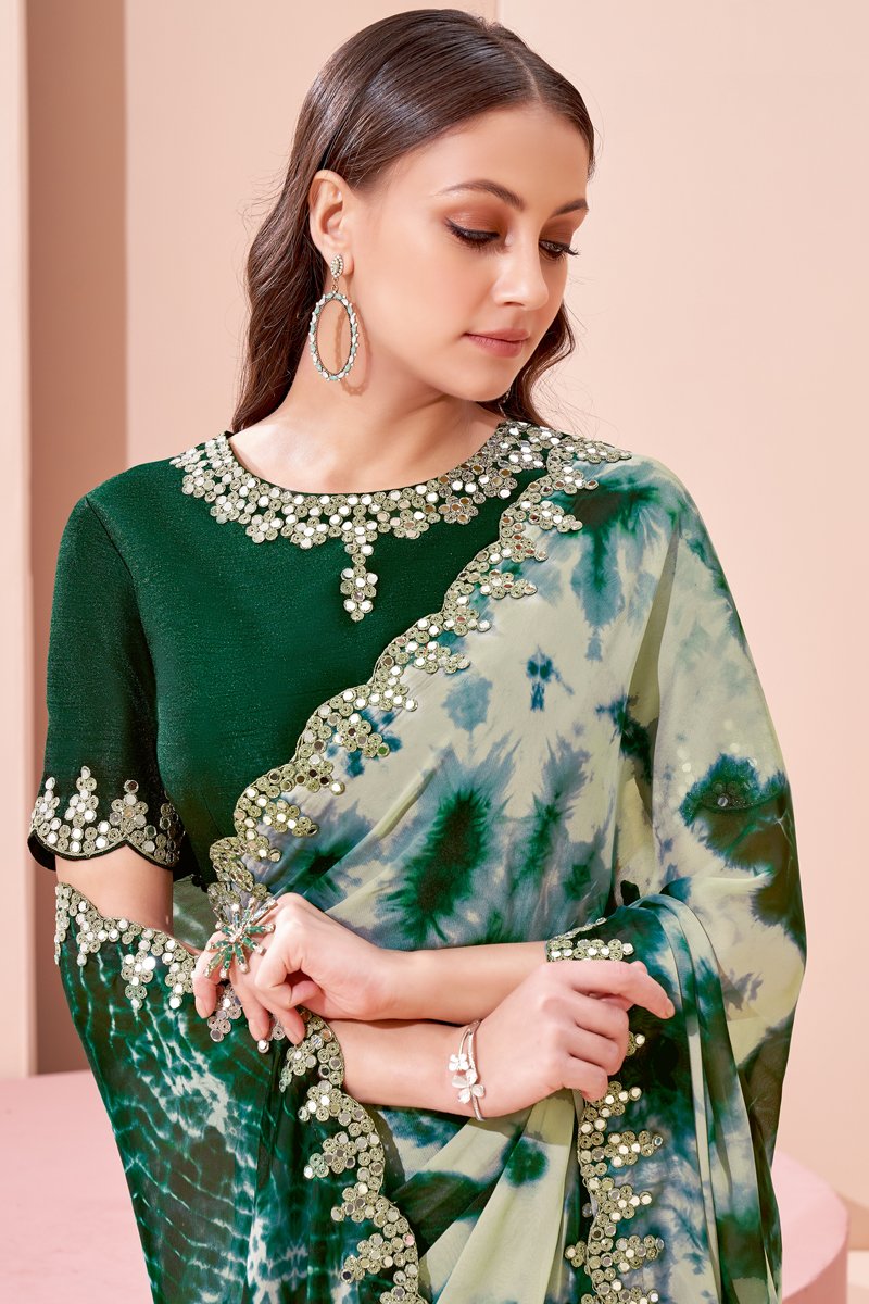 Green Color Georgette Fabric Printed Wedding Wear Saree