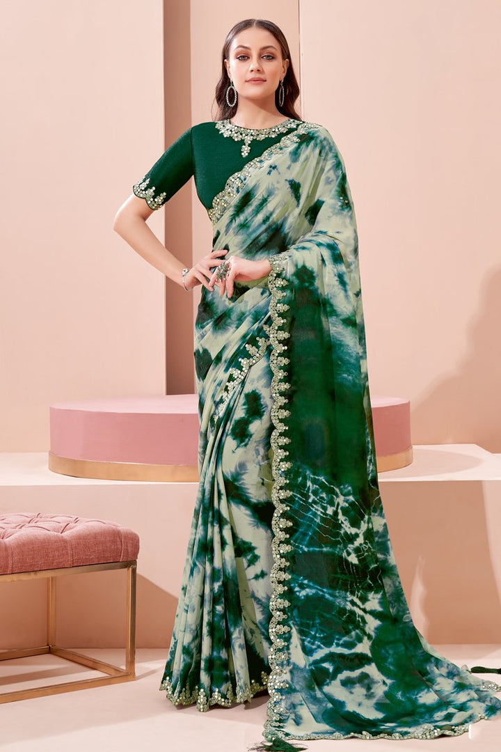 Green Color Georgette Fabric Printed Wedding Wear Saree