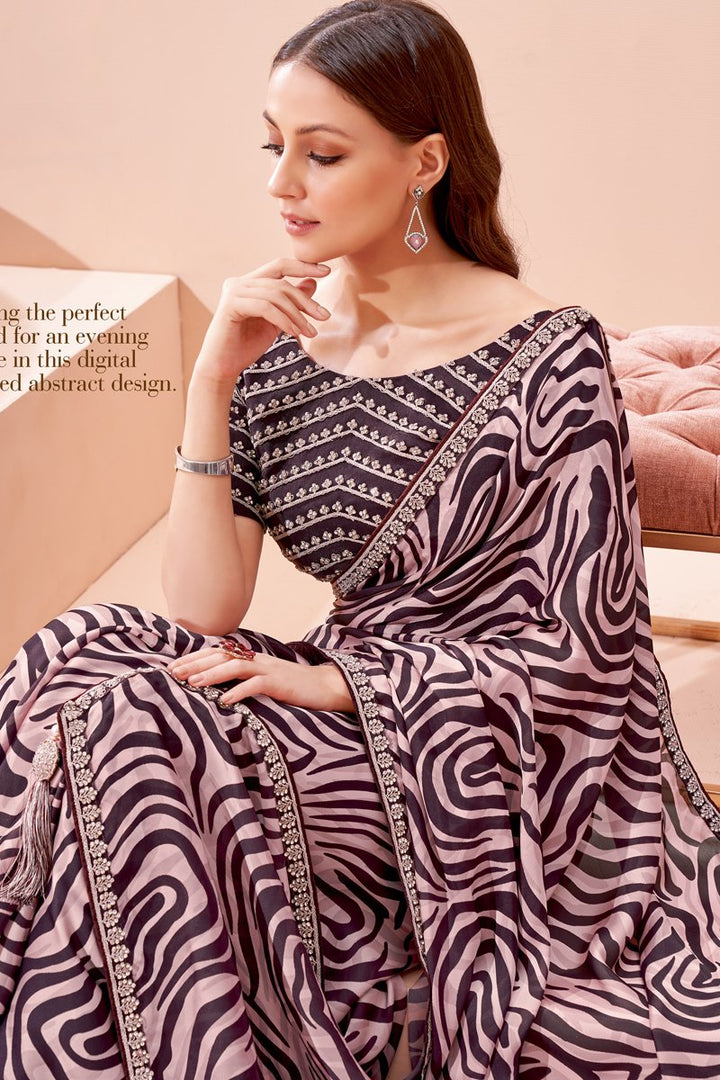 Peach Color Wedding Wear Designer Georgette Fabric Printed Saree
