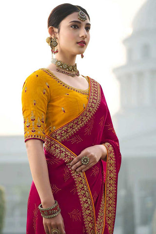 Fascinating Sequins Work On Rani Color Sangeet Wear Saree In Satin Chiffon Fabric