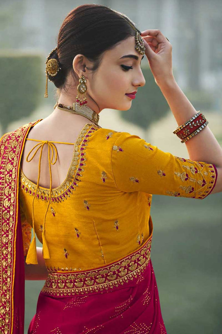Fascinating Sequins Work On Rani Color Sangeet Wear Saree In Satin Chiffon Fabric