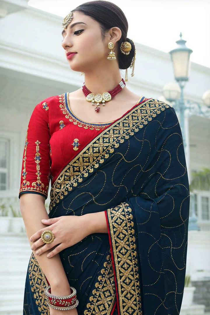 Satin Chiffon Fabric Navy Blue Color Beguiling Sangeet Wear Saree With Sequins Work