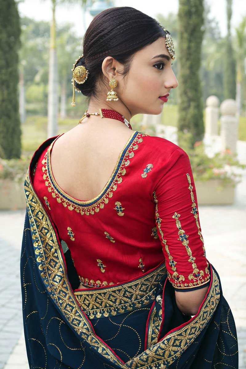 Satin Chiffon Fabric Navy Blue Color Beguiling Sangeet Wear Saree With Sequins Work
